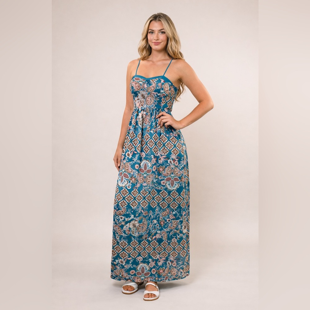 Young USA Boho Paisley Maxi Dress Teal Smocked‎ Back Pockets Adjustable S